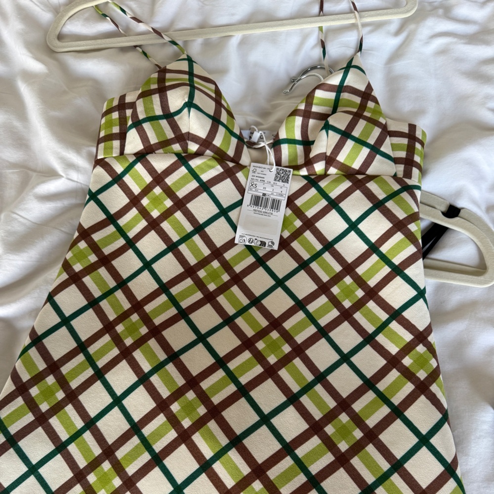 Mango Plaid Dress in Cream, Brown & Green